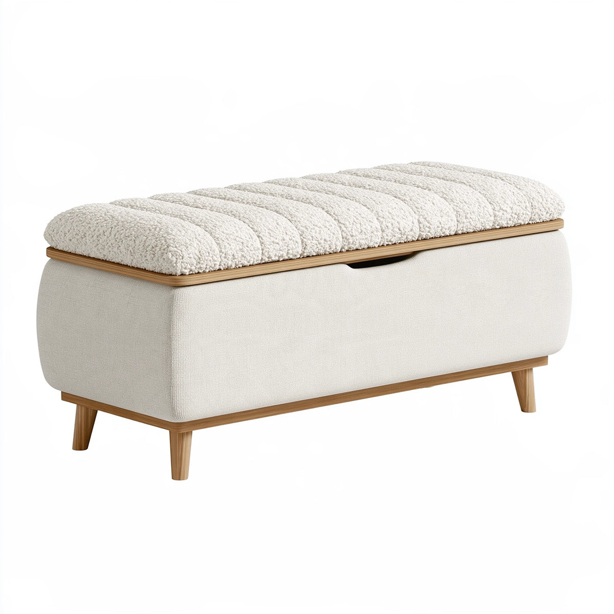Cassapanca contenitore 120 x 45 x 50 cm in tessuto bouclé avorio e legno - imbottita con coperchio sollevabile