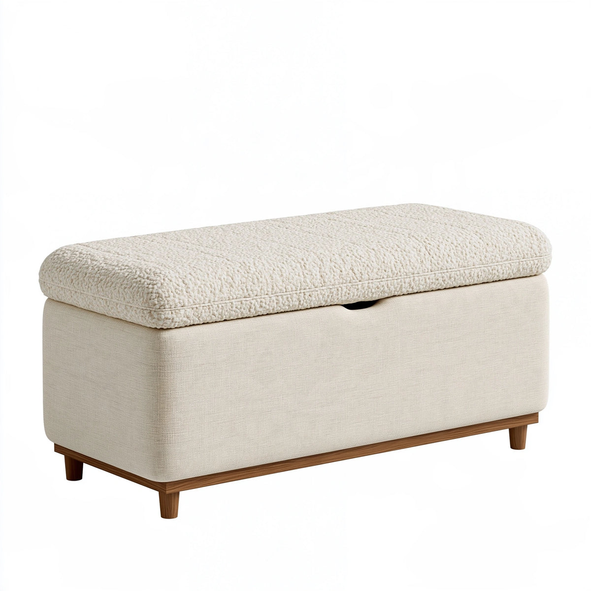 Panca contenitore 120 x 45 x 48 cm in tessuto bouclé beige con gambe in legno - stile moderno