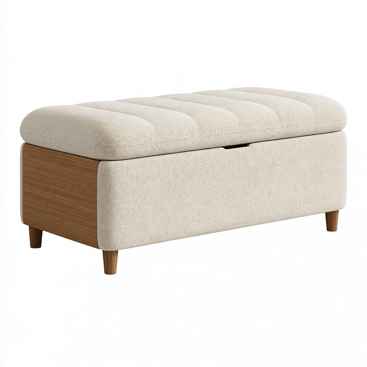 Panca contenitore 100 x 50 x 48 cm in tessuto bouclé beige e legno - seduta imbottita moderna