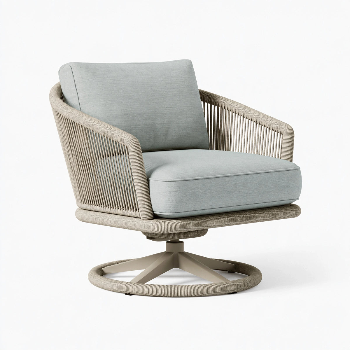 Poltrona girevole 82 x 85 x 88 cm in corda intrecciata beige e tessuto verde salvia - stile contemporaneo