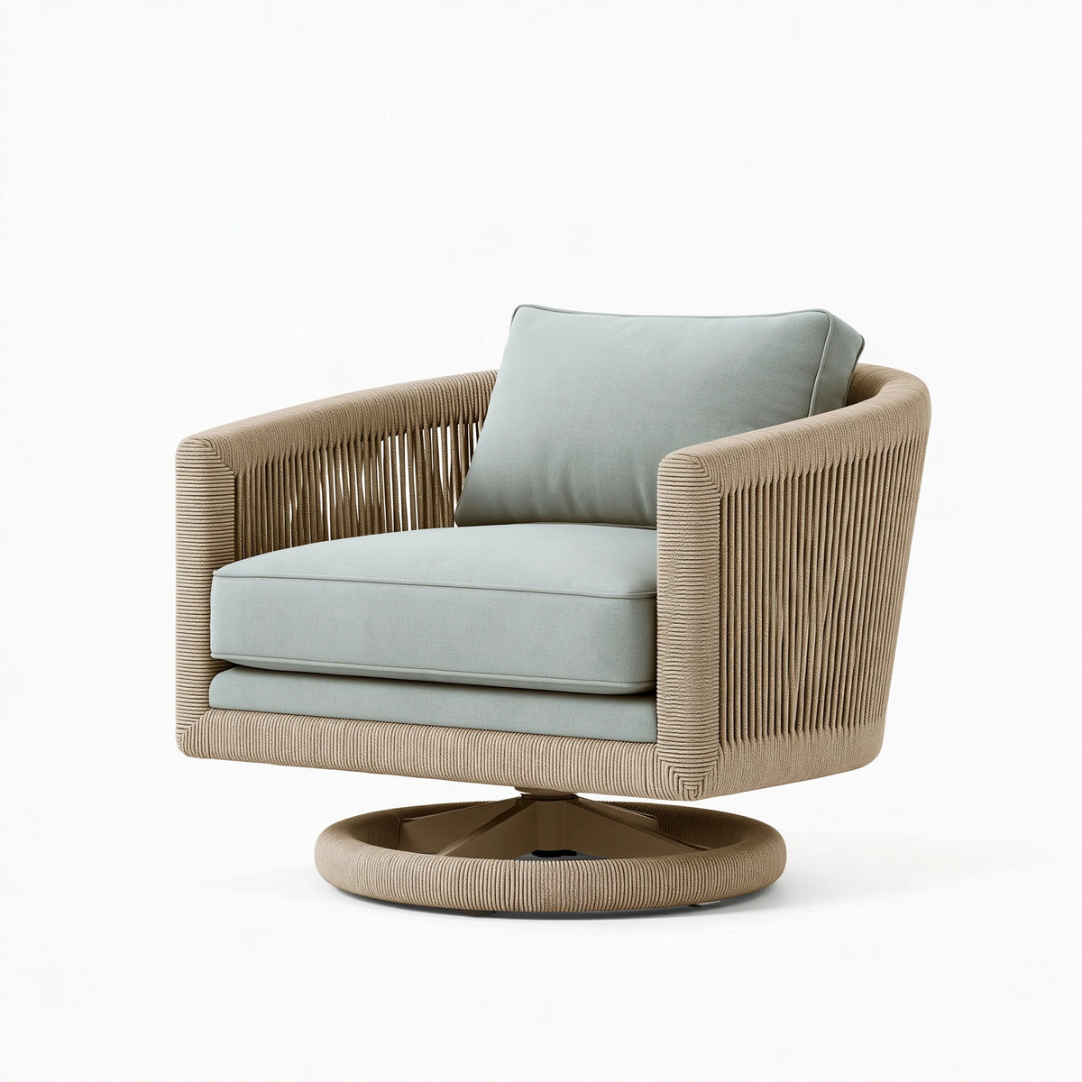 Poltrona girevole 85 x 85 x 85 cm in corda intrecciata beige e tessuto verde salvia - stile contemporaneo