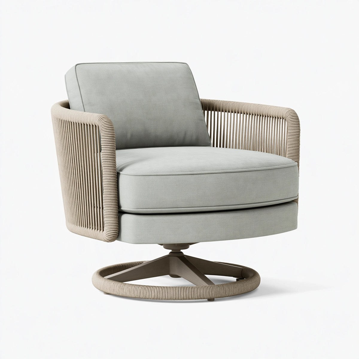 Poltrona girevole 82 x 78 x 90 cm in tessuto grigio chiaro con braccioli in corda stile contemporaneo