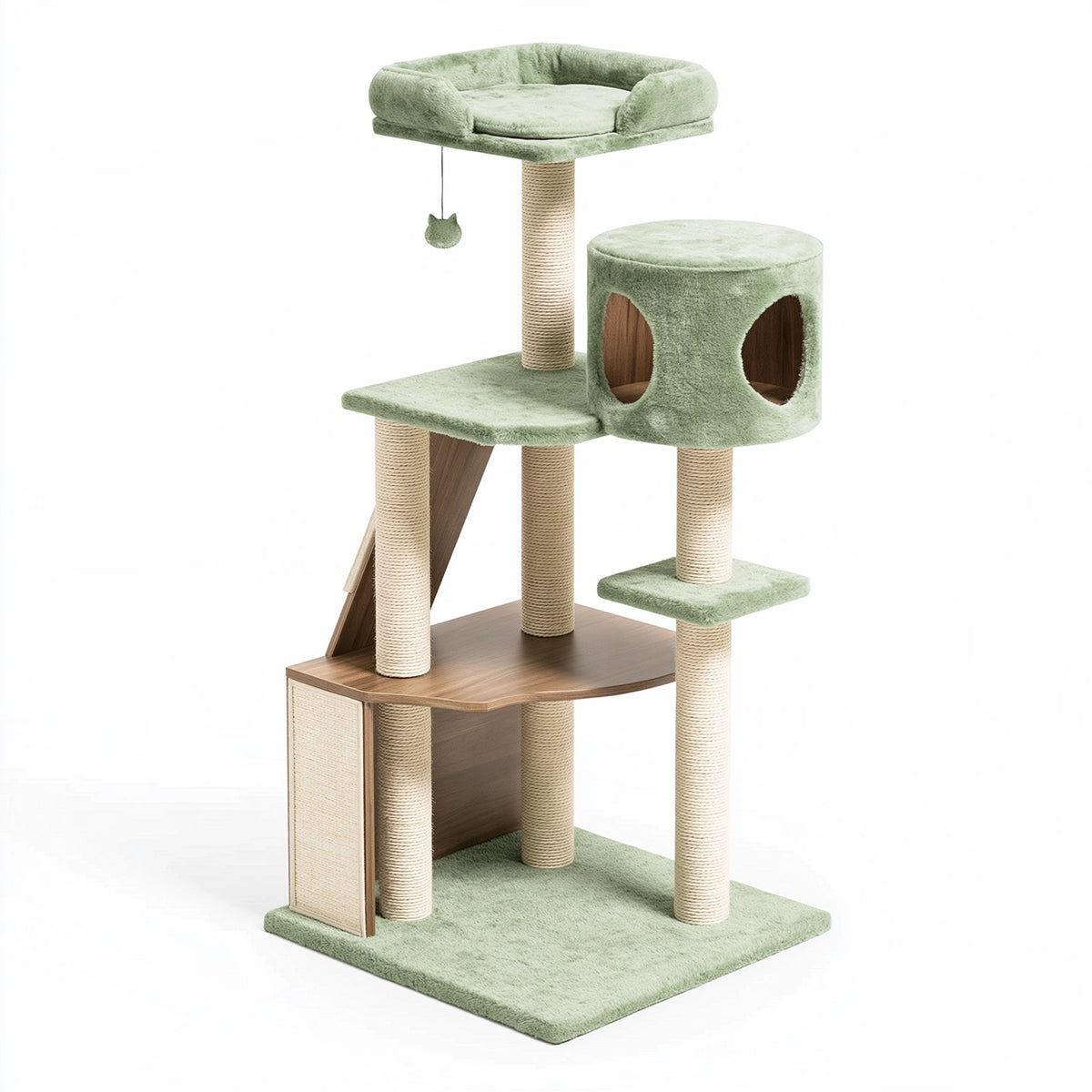 Tiragraffi per gatti 60 x 60 x 150 cm in sisal e tessuto verde chiaro - torre con cuccia e piattaforme