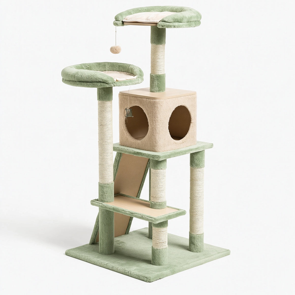 Tiragraffi per gatti 60 x 50 x 170 cm in sisal e tessuto peluche verde beige con cuccia piattaforme e rampa
