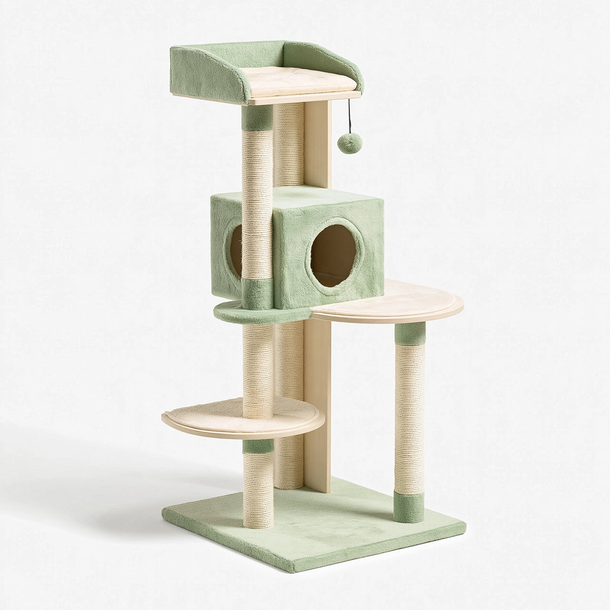 Tiragraffi per gatti 60 x 50 x 170 cm in legno sisal e tessuto verde salvia con cuccia e piattaforme