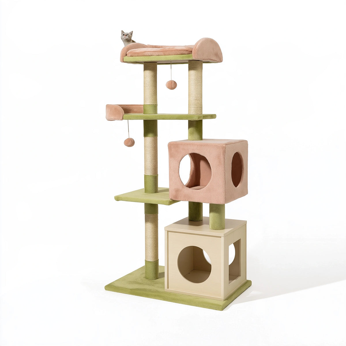 Tiragraffi per gatti 60 x 50 x 180 cm in sisal e peluche rosa verde con cucce e piattaforme