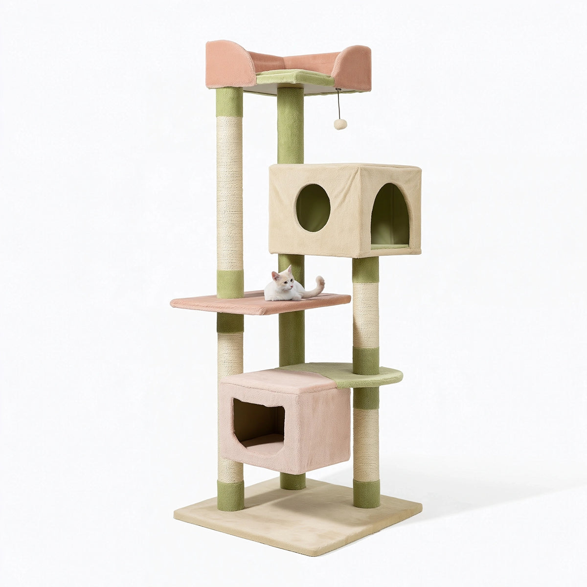 Tiragraffi per gatti 60 x 60 x 170 cm in peluche verde e rosa con cuccette e colonne in sisal