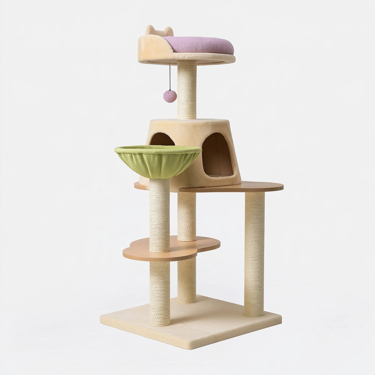 Tiragraffi per gatti 60 x 50 x 170 cm in sisal e peluche beige verde lilla con cuccia e piattaforme