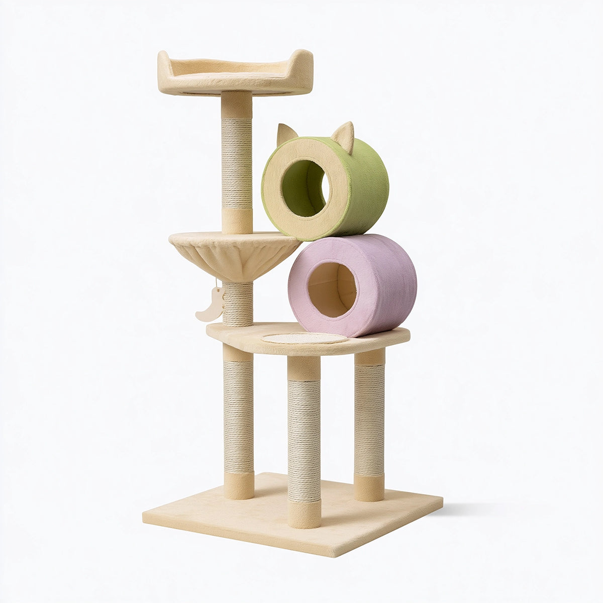 Tiragraffi per gatti 60 x 50 x 150 cm in peluche e sisal beige verde rosa con cucce e piattaforme