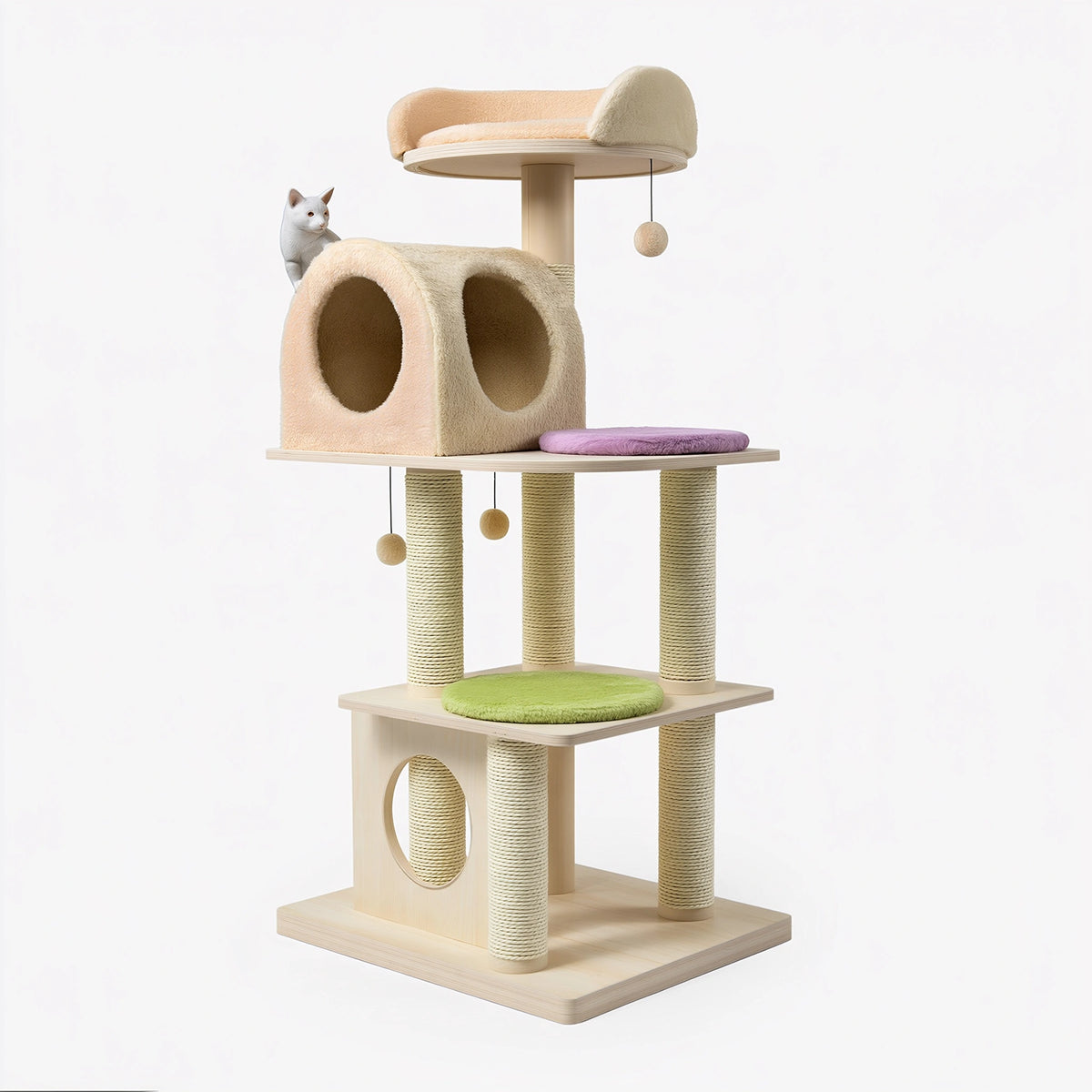 Tiragraffi per gatti 60 x 60 x 180 cm in legno e sisal beige multiripiano con cuccia